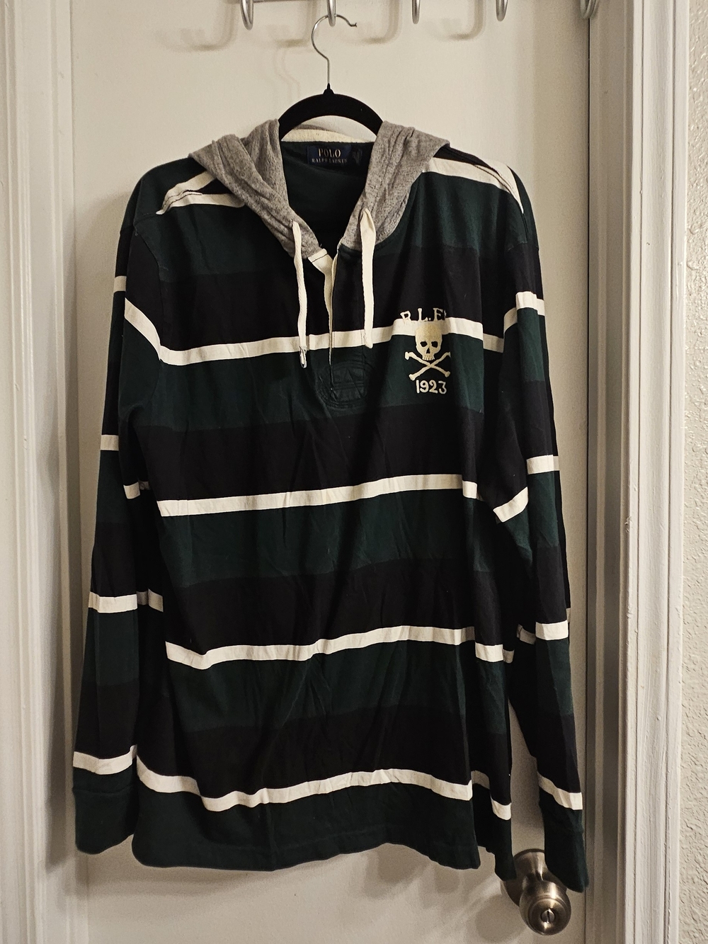 PPolo by Ralph Lauren Green & Black Striped Hooded Skull Rugby Shirt. Size XXL